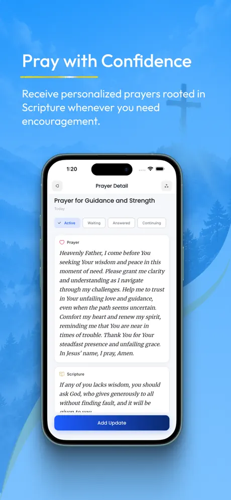 Prayer Detail with prayer text, scripture, and status tabs