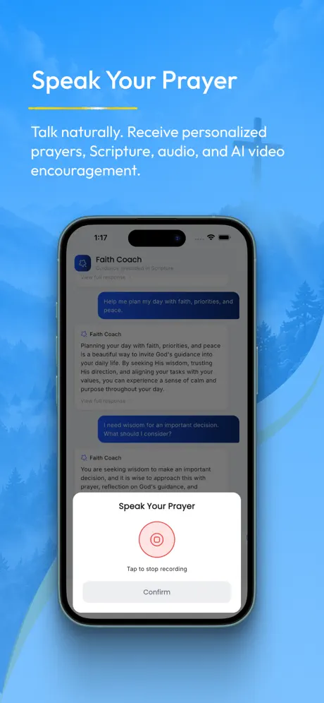 Speak Your Prayer voice recording overlay on Faith Coach
